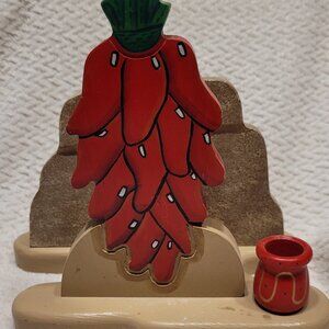 Vintage Southwest Wood Napkin/Toothpick holder Chili Pepper/Adobe House design